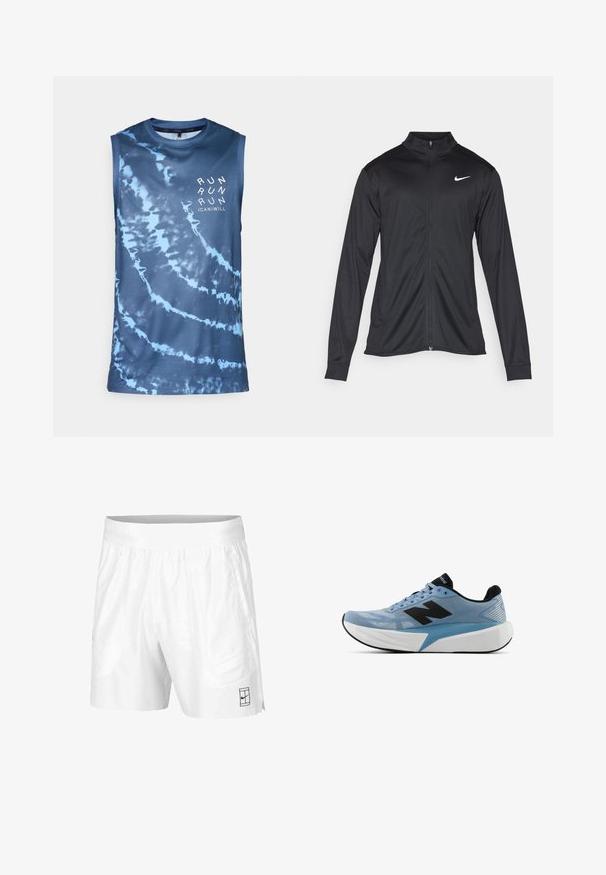 Črna atletska jakna z dolgimi rokavi, ovratnikom in polnim zadrgo. Vključuje diskreten bel Nike logotip na zgornjem levem delu prsnega koša. Gladka tekstura.; Marlja brez rokavov za šport, modri tie-dye vzorec, lahkoten mrežast material, okrogli ovratnik, na sprednji strani ima napis "RUN" v beli barvi.; Bele športne kratke hlače iz lahkotnega materiala z elastičnim pasom, ki imajo dva stranska žepa in majhen črn logotip na robu.; Svetlo modra športna obutev z črnim logotipom, debelim belim podplatom in črnim notranjim obložkom, prikazana s strani na belem ozadju.
