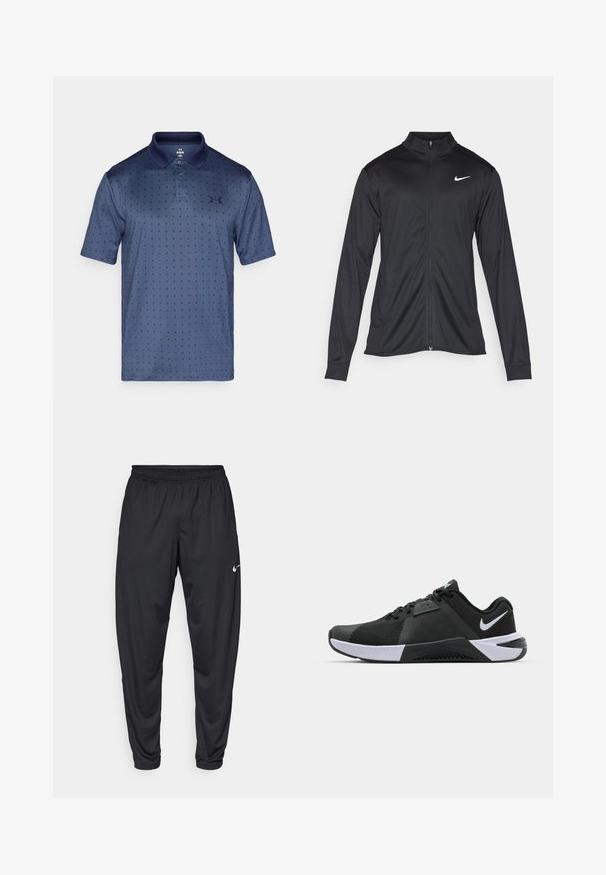 Must värvi sportlik jakk pikkade varrukatega, krae ja täispikk tõmblukk. Ülemises vasakus rinnas on diskreetne valge Nike logo. Sile tekstuur.; Tumesinine polo-särk, mis on valmistatud hingavast kangast, peene tähemustriga, kahekohaline nööbivarrukas ja krae. Rinna peal Under Armour'i logo.; Mustad sportpüksid elastse vöökoha, kitsenevate jalgade ja väikese valge Nike logo'ga vasakul reitel. Sile kangas, ilma mustriteta.; Nike Performance METCON 10 - Treeningjalatsid - black/white/anthracite
