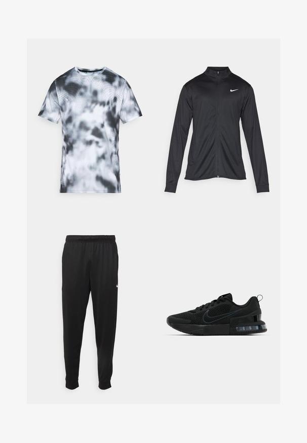 Svart idrettsjakke med lange ermer, krage og full glidelås. Har en subtil Nike-logo i hvitt på øvre venstre bryst. Glatt tekstur.; Grå og hvit t-skjorte med korte ermer som har et sky-lignende mønster med en subtil perforert tekstur. Rund hals og atletisk passform.; Svarte treningsbukser laget av glatt stoff, med elastisk midje, smale ben og en liten hvit logo på venstre side.; Svart Nike treningssko med mesh-overdel, gummisåle, polstret krage og en distinkt gjennomsiktig hældetalj.