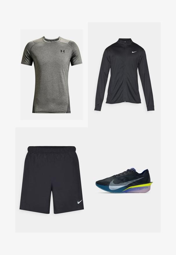 Fekete sportdzseki hosszú ujjal, gallérral és teljes cipzárral. Diszkrét fehér Nike logóval az upper bal mellen. Sima textúra.; Rövid ujjú sportpóló szürke színben, textúrált anyagból készült. Kerek nyakkivágással és kis fekete logóval a mellrészen. Oldalsó panelek sötétebb szürke árnyalatban.; Fekete sportnadrág könnyű anyagból, rugalmas derékkal. A bal alsó oldalon egy kis fehér Nike-logó található.; Fekete és kék Nike futócipő nagy fehér swoosh-zsal, sárga és lila középtalppal, valamint "ROAD RACING VF" felirattal a sarkán.