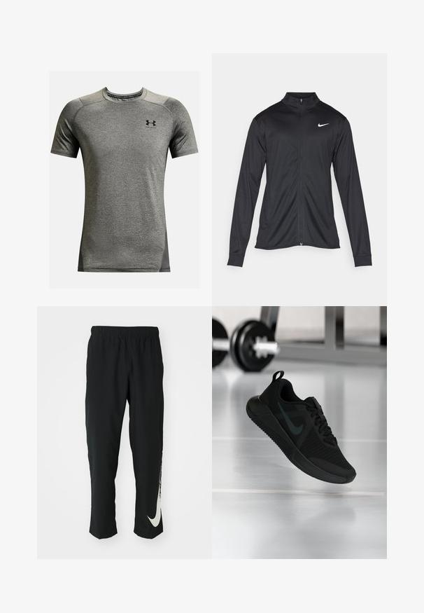 Chaqueta atlética negra con mangas largas, collar y cremallera completa. Presenta un sutil logo de Nike en blanco en la parte superior izquierda del pecho. Textura suave.; Camisa deportiva de manga corta en gris, hecha de tela texturizada. Cuenta con un cuello redondo y un pequeño logo negro en el pecho. Paneles laterales en un gris más oscuro.; Pantalones deportivos negros con cinturilla elástica, diseño cónico, que presentan un gran logo blanco de Nike en la pierna izquierda. Tejido suave y ligero.; Zapato deportivo negro con parte superior de malla texturizada, suela de goma y un prominente logo de swoosh oscuro. Cuenta con un cuello acolchado y diseño con cordones.