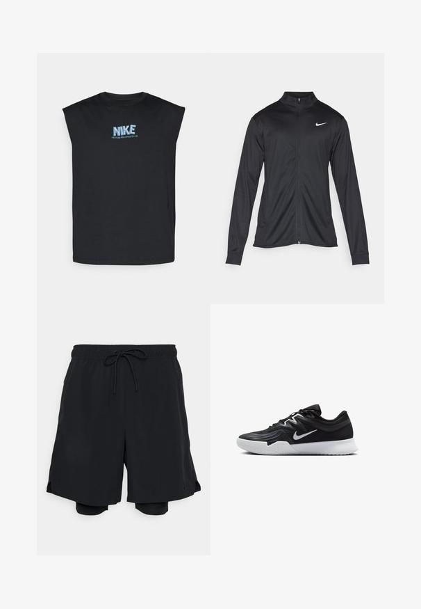 Black athletic jacket with long sleeves, collar, and full zipper. Features a subtle Nike logo in white on the upper left chest. Smooth texture.; Black sleeveless t-shirt made of cotton, featuring a blue and white Nike logo and text "VICTORY BELONGS TO US" on the front.; Black athletic shorts made of lightweight fabric, featuring an elastic waistband with drawstring, and a fitted inner short.; Black athletic shoe with a textured upper, white Nike swoosh, and a white rubber outsole. Features a lace-up design and dynamic shape.
