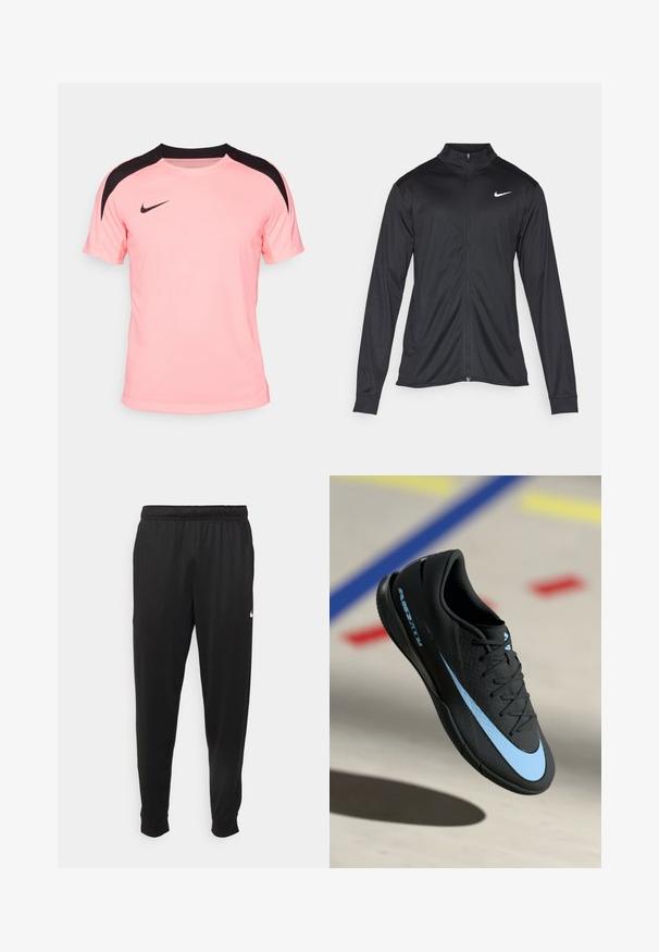 Fekete sportdzseki hosszú ujjal, gallérral és teljes cipzárral. Diszkrét fehér Nike logóval az upper bal mellen. Sima textúra.; Nike Performance STRIKE TOP - Sportfelső - sunset pulse/black; Fekete sportos nadrág sima anyagból, rugalmas derékkal, szűkülő lábakkal és egy kis fehér logóval a bal oldalon.; Fekete sportcipő kék akcentusokkal, textúrált felülettel, fűzős kialakítással és jellegzetes Nike logóval. Gumitalp, amely grip mintázattal rendelkezik.