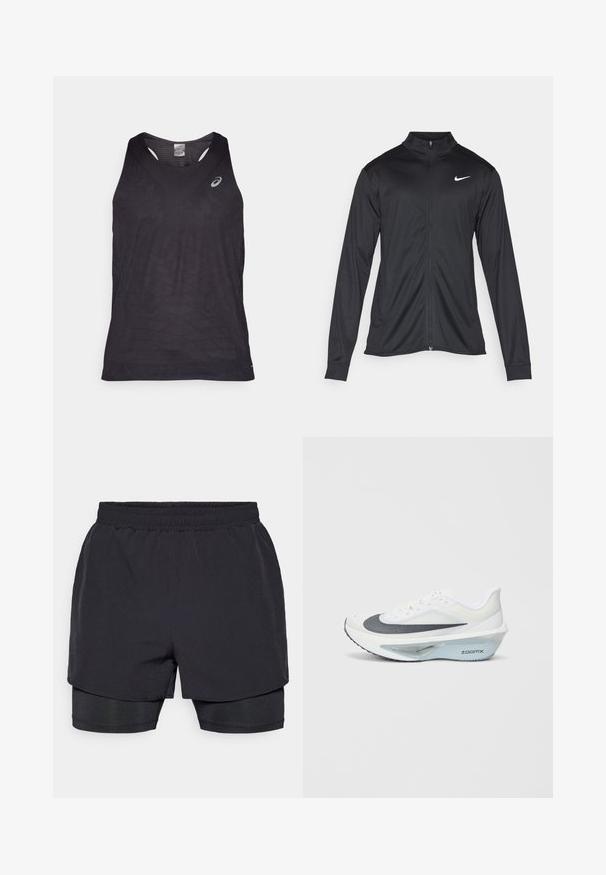 Black athletic jacket with long sleeves, collar, and full zipper. Features a subtle Nike logo in white on the upper left chest. Smooth texture.; Black athletic tank top with a V-neck, featuring textured geometric patterns and a reflective logo on the upper left side. Lightweight fabric.; Black athletic shorts with an elastic waistband, layered design, and a fitted inner lining. Smooth texture, designed for comfort.; White athletic shoe with a grey mesh upper, a blue ZoomX foam midsole, and a curved outsole for enhanced propulsion and comfort.