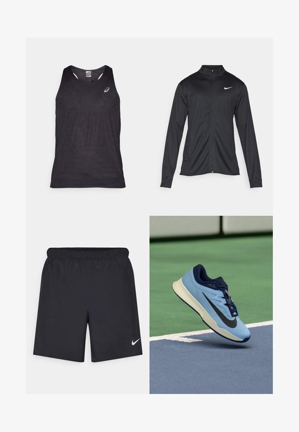 Giacca sportiva nera con maniche lunghe, colletto e zip completa. Presenta un logo Nike in bianco sulla parte superiore del lato sinistro del petto. Tessuto morbido.; Canotta sportiva nera con scollatura a V, caratterizzata da motivi geometrici testurizzati e un logo riflettente sul lato sinistro superiore. Tessuto leggero.; Shorts sportivi neri realizzati in materiale leggero con vita elastica. Presentano un piccolo logo Nike bianco sul lato sinistro in basso.; Scarpa sportiva azzurra con accenti blu navy, tomaia in mesh testurizzato e logo Swoosh nero. Presenta una suola intermedia ammortizzata e una suola in gomma.