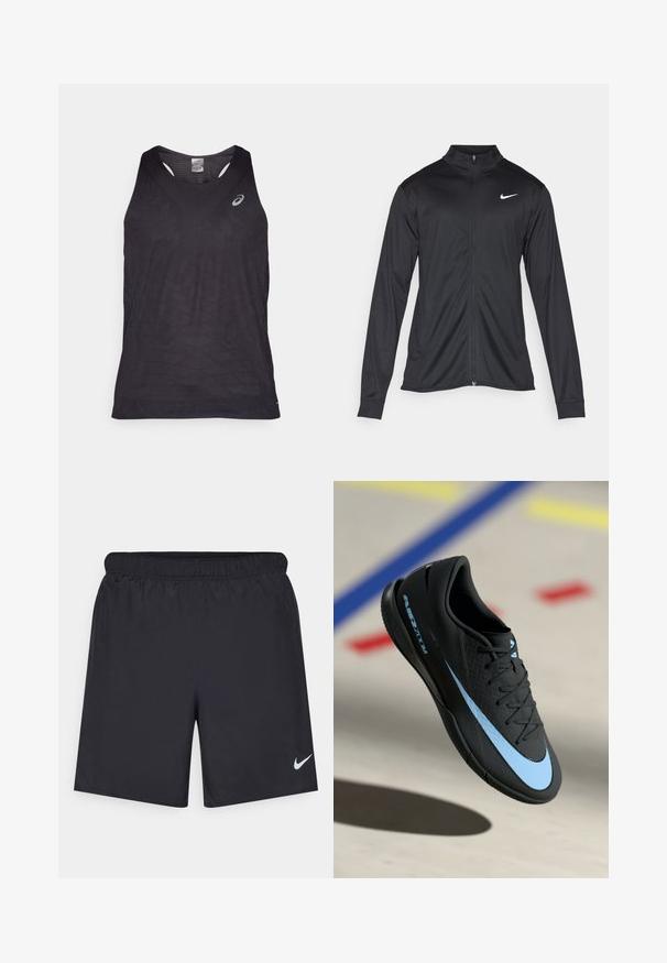 Veste de sport noire à manches longues, avec col et fermeture éclair intégrale. Présente un logo Nike subtil en blanc sur le côté supérieur gauche de la poitrine. Texture lisse.; Débardeur de sport noir avec un col en V, présentant des motifs géométriques texturés et un logo réfléchissant sur le côté supérieur gauche. Tissu léger.; Shorts de sport noirs en matériau léger avec une taille élastique. Présente un petit logo Nike blanc sur le bas du côté gauche.; Chaussure de sport noire avec accents bleus, surface texturée, design à lacets et logo Nike distinctif. Semelle en caoutchouc avec motifs de grip.