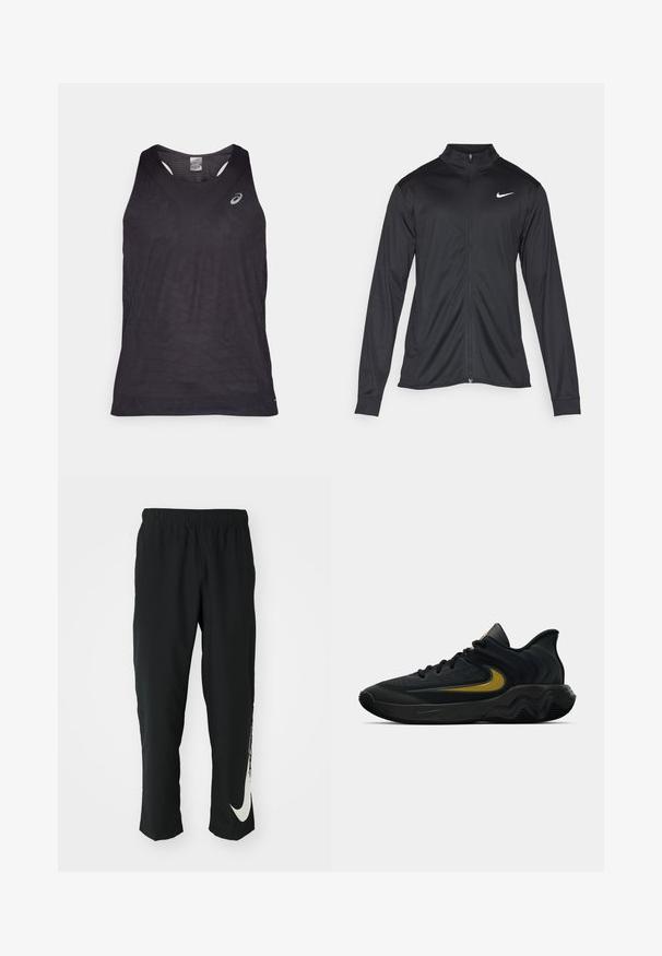 Černá sportovní bunda s dlouhými rukávy, límcem a plným zipem. Má decentní bílou logo značky Nike na horní levé části hrudi. Hladká textura.; Černý sportovní tílko s V-výstřihem, zdobené texturovanými geometrickými vzory a reflexním logem na horní levé straně. Lehce nositelný materiál.; Černé sportovní kalhoty s elastickým páskem, zúženým střihem, se velkým bílým logem Nike na levé nohavici. Měkká, lehká tkanina.; Černá a tmavě šedá sportovní obuv s černými tkaničkami a zlatým logem ve tvaru síťoviny, s vlnitým designem podrážky a polstrovaným límcem kolem paty.