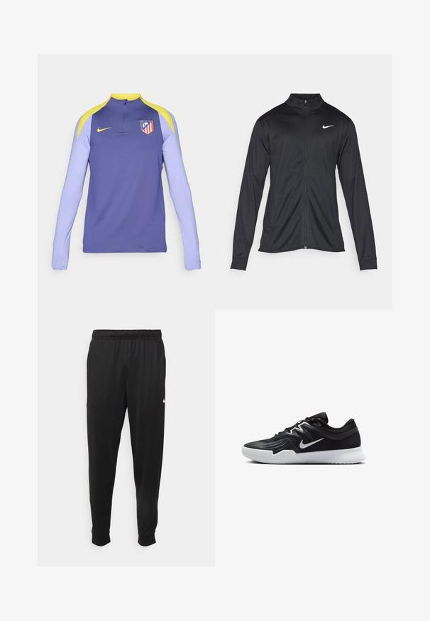 Melna sporta jaka ar garām piedurknēm, apkakli un pilnu rāvējslēdzēju. Uz kreisā krūts augšdaļas ir maigs Nike logo baltā krāsā. Gluda tekstūra.; Violeta sportiskā garā piedurkņu krekla ar dzelteniem akcentiem, pus-ieduršanas apkakli un komandas logo kreisajā krūtī. Izgatavots no gludas auduma.; Melnas sporta bikses, kas izgatavotas no gludas auduma, ar elastīgu jostu, sašaurinošām kājām un mazu balto logo kreisajā pusē.; Melni sporta apavi ar teksturētu virsu, balto Nike zulumu un balto gumijas zoli. Iezīmējas ar auklu pievilkšanas dizainu un dinamisku formu.