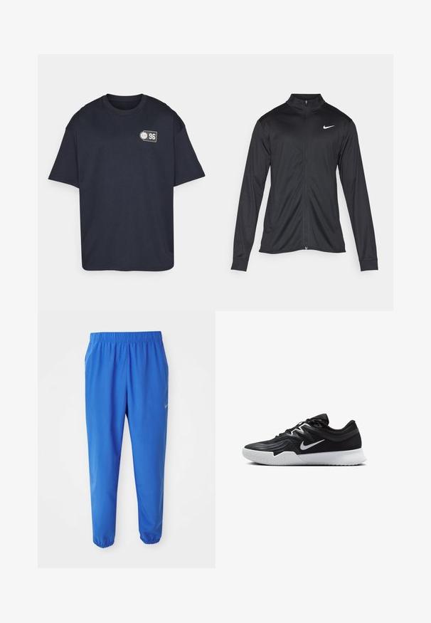 Must värvi sportlik jakk pikkade varrukatega, krae ja täispikk tõmblukk. Ülemises vasakus rinnas on diskreetne valge Nike logo. Sile tekstuur.; Tume sinine puuvillane T-särk lühikeste varrukatega, ümmarguse kaelusega, millel on väike graafiline trükk numbriga 96 ja korvpalli ikoon.; Sinised spordipüksid elastse vöökoha, sirge jala disaini ja kitsenevate sääremukudega. Vasakul küljel on kuldne Nike logo.; Must mustad jalanikesad rikaste ülaservaga, valge Nike swoosh'i ja valge kummist välispõhjaga. Omab paeltega sulgemisdetaili ja dünaamilist kuju.