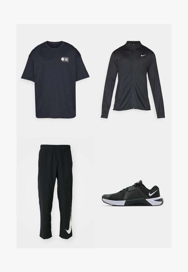 Melna sporta jaka ar garām piedurknēm, apkakli un pilnu rāvējslēdzēju. Uz kreisā krūts augšdaļas ir maigs Nike logo baltā krāsā. Gluda tekstūra.; Tumši zila kokvilnas T-krekls ar īsām piedurknēm, apaļu kaklu un nelielu grafisku attēlu, kurā attēlots skaitlis 96 un basketbola ikona.; Melni sporta bikses ar elastīgu jostasvīru, ar sašaurinātu dizainu, kurām uz kreisā kājas gabala ir liels balts Nike logo. Mīksts, viegls audums.; Nike Performance METCON 10 - Treniņkurpes - black/white/anthracite