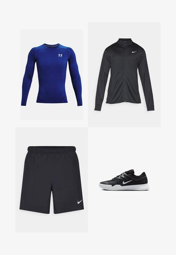 Čierna športová bunda s dlhými rukávmi, golierom a plným zipsom. Obsahuje nenápadné logo Nike v bielej farbe na hornej ľavej hrudi. Hladká textúra.; Dlhý rukáv športového trička v jasne modrom materiáli, ktorého súčasťou je okrúhly výstrih, priliehavý strih a biele logo na hrudi. Hladká textúra.; Čierne atletické šortky z ľahkého materiálu s elastickým pásom. Na dolnej ľavej strane majú malé biele logo Nike.; Čierna športová topánka s textúrovaným zvrškom, bielym logom Nike a bielou gumovou podrážkou. Má šnurovací dizajn a dynamický tvar.