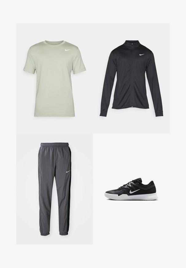 Fekete sportdzseki hosszú ujjal, gallérral és teljes cipzárral. Diszkrét fehér Nike logóval az upper bal mellen. Sima textúra.; Nike Performance TEE CREW SOLID - Sportfelső - jade horizon; Nike melegítőnadrág, könnyű anyagból készült, sötétszürke színben, fekete oldalsó panelek mellett. Jellemzője a rugalmas derékbőség és a fényvisszaverő logó.; Fekete sportcipő texturált felsőrésszel, fehér Nike logóval és fehér gumitalppal. Fűzős kialakítással és dinamikus formával rendelkezik.