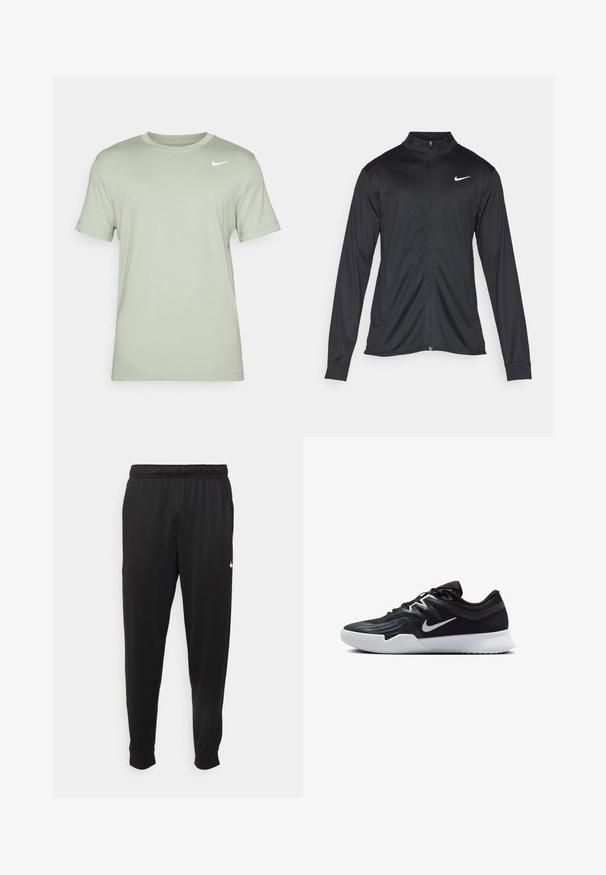 Svart idrettsjakke med lange ermer, krage og full glidelås. Har en subtil Nike-logo i hvitt på øvre venstre bryst. Glatt tekstur.; Nike Performance TEE CREW SOLID - T-skjorte til trening - jade horizon; Svarte treningsbukser laget av glatt stoff, med elastisk midje, smale ben og en liten hvit logo på venstre side.; Svart treningssko med teksturert overdel, hvit Nike-swoosh og hvit gummisåle. Har snøring og en dynamisk form.