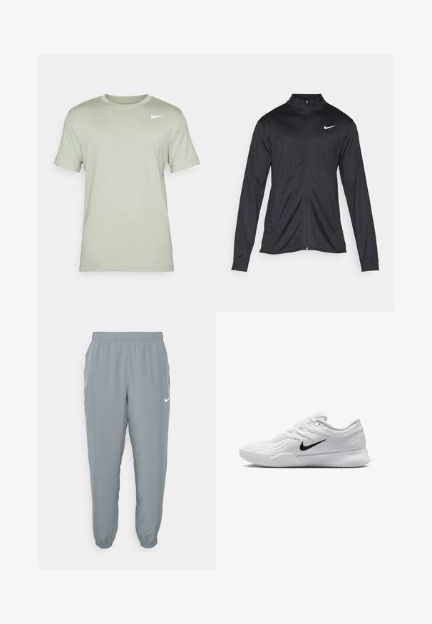 Svart idrettsjakke med lange ermer, krage og full glidelås. Har en subtil Nike-logo i hvitt på øvre venstre bryst. Glatt tekstur.; Nike Performance TEE CREW SOLID - T-skjorte til trening - jade horizon; Lysegrå joggebukser med elastisk midje, sidelommer og avsmalnende cuff. Har en liten hvit Nike-logo. Jevn tekstur.; Hvit atletisk sko med teksturert mesh-overdel, svart Nike-svush, polstret krage og gummisåle med mønster.