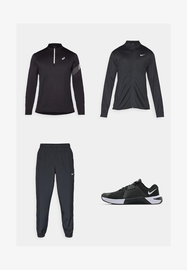Black athletic jacket with long sleeves, collar, and full zipper. Features a subtle Nike logo in white on the upper left chest. Smooth texture.; Black long-sleeve top with a half zip collar, textured fabric, and a contrasting white logo on the chest and dotted pattern on the sleeve.; Black track pants made from lightweight fabric with an elastic waistband, ankle cuffs, and a discreet Nike logo on the left side.; Nike Performance METCON 10 - Training shoe - black/white/anthracite