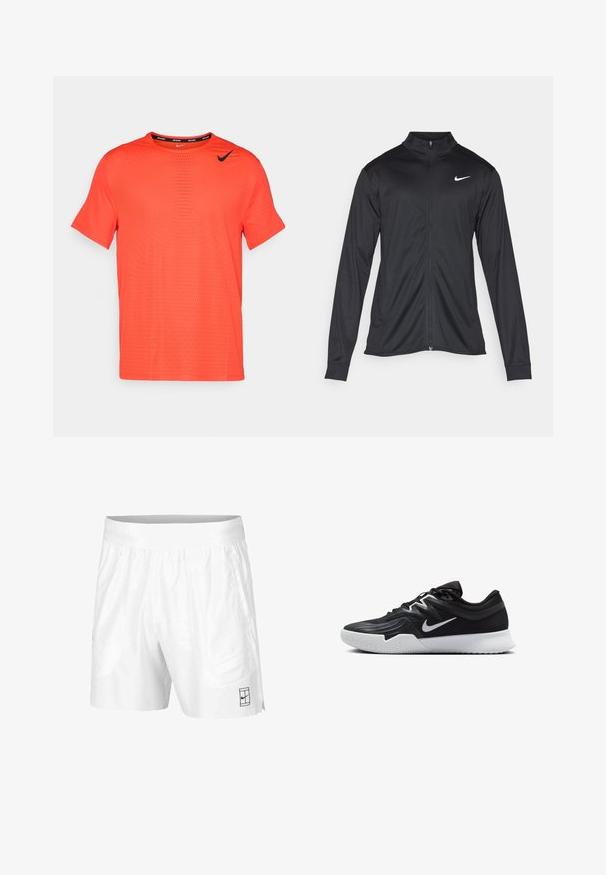 Μαύρο αθλητικό μπουφάν με μακριά μανίκια, γιακά και πλήρη φερμουάρ. Διαθέτει ένα διακριτικό λευκό λογότυπο της Nike στη πάνω αριστερή πλευρά του στήθους. Λείος υφασμάτινος χαρακτήρας.; T-shirt Nike κοντομάνικο σε φωτεινό πορτοκαλί χρώμα, με στρογγυλή λαιμόκοψη και διακριτό τυπωμένο σχέδιο. Διαθέτει μαύρο λογότυπο Nike στον αριστερό ώμο.; Λευκοί αθλητικοί σορτς από ελαφρύ ύφασμα με ελαστική μέση, διαθέτοντας δύο πλαϊνές τσέπες και ένα μικρό μαύρο λογότυπο στο στρίφωμα.; Μαύρο αθλητικό παπούτσι με υφή στο επάνω μέρος, λευκό σήμα Nike και λευκή καουτσούκ σόλα. Διαθέτει σχέδιο με κορδόνια και δυναμικό σχήμα.