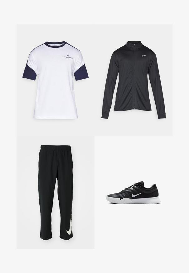 Sort atletisk jakke med lange ærmer, krave og fuld lynlås. Har et diskret Nike-logo i hvidt på den øverste venstre side af brystet. Glat tekstur.; Hvid bomulds t-shirt med marineblå korte ærmer, som har en rund hals og et lille logo på brystet. Blød tekstur, afslappet design.; Sorte træningsbukser med elastisk talje, der taper ind, og har et stort hvidt Nike-logo på venstre ben. Blødt, letvægtsstof.; Sort atletiksko med en tekstureret overdel, hvid Nike swoosh og en hvid gummisål. Har en snørret design og dynamisk form.