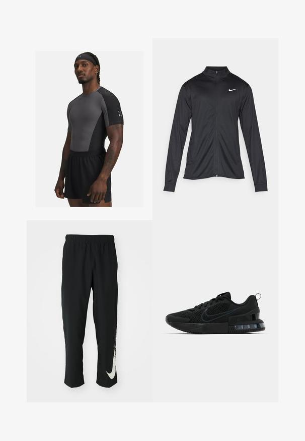 Čierna športová bunda s dlhými rukávmi, golierom a plným zipsom. Obsahuje nenápadné logo Nike v bielej farbe na hornej ľavej hrudi. Hladká textúra.; Atletický muž oblečený v šedom a čiernom priliehavom tričku na cvičenie, čiernych šortkách a čiernom potítku, stojí s neutrálnym výrazom.; Čierne športové nohavice s elastickým pásom, zúžený strih, s veľkým bielym logom Nike na ľavom stehne. Mäkká, ľahká tkanina.; Čierne tenisky Nike s textilným vrchom z oka, textúrovanou podrážkou a viditeľnou vzduchovou jednotkou v päte. Akcenty a logo v tmavšom odtieni čiernej.