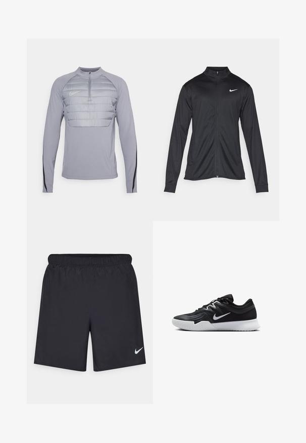 Svart idrottsjacka med långa ärmar, krage och full dragkedja. Har en diskret Nike-logga i vitt på övre vänstra bröstet. Slät yta.; Grå långärmad sporttröja med vadderad bröstsektion, kvartslång dragkedja och svarta detaljer på ärmarna. Tillverkad av mjukt och elastiskt material.; Svarta träningsshorts gjorda av lätt material med elastisk midja. Har en liten vit Nike-logotyp på nedre vänstra sidan.; Svarta träningsskor med en texturerad ovandel, vit Nike-logga och en vit gummisula. Har snörningsdesign och en dynamisk form.