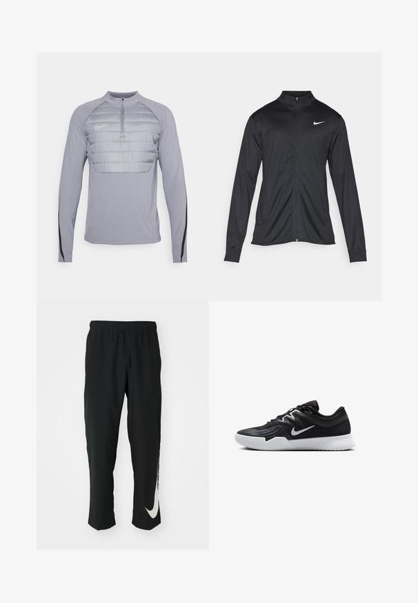 Black athletic jacket with long sleeves, collar, and full zipper. Features a subtle Nike logo in white on the upper left chest. Smooth texture.; Gray long-sleeve athletic top with a padded chest section, quarter zip, and black accents on sleeves. Made from soft, stretchy material.; Black athletic pants with elastic waistband, tapering design, featuring a large white Nike logo on the left leg. Soft, lightweight fabric.; Black athletic shoe with a textured upper, white Nike swoosh, and a white rubber outsole. Features a lace-up design and dynamic shape.
