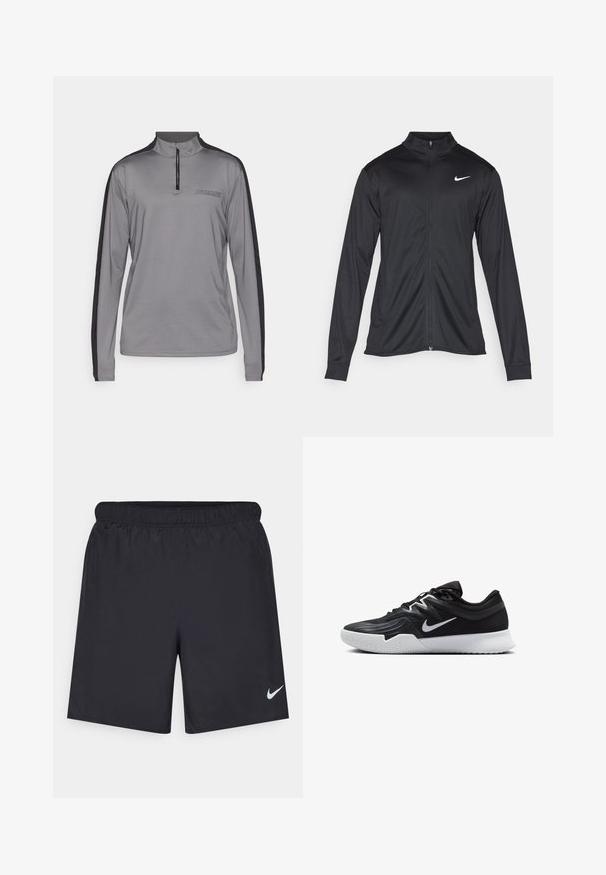 Jacket desportivo preto com mangas longas, colarinho e fecho zip completo. Apresenta um discreto logotipo da Nike em branco na parte superior do lado esquerdo do peito. Textura suave.; Camisola atlética de manga longa cinza com um colarinho de meio fecho, detalhes pretos nas laterais e o logótipo "HUMMEL" no peito. Tecido suave e leve.; Calças de desporto pretas feitas de material leve com uma cintura elástica. Apresenta um pequeno logótipo branco da Nike no canto inferior esquerdo.; Sapatilha atlética preta com um cabedal texturizado, swoosh branco da Nike e uma sola de borracha branca. Apresenta um design com atacadores e uma forma dinâmica.