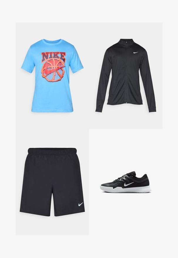 Svart idrettsjakke med lange ermer, krage og full glidelås. Har en subtil Nike-logo i hvitt på øvre venstre bryst. Glatt tekstur.; Lyseblå bomull t-skjorte med en stor oransje Nike-logo over et basketballmotiv, med korte ermer og rund hals.; Svart sportskjørt laget av lett materiale med elastisk linning. Har en liten hvit Nike-logo nederst til venstre.; Svart treningssko med teksturert overdel, hvit Nike-swoosh og hvit gummisåle. Har snøring og en dynamisk form.