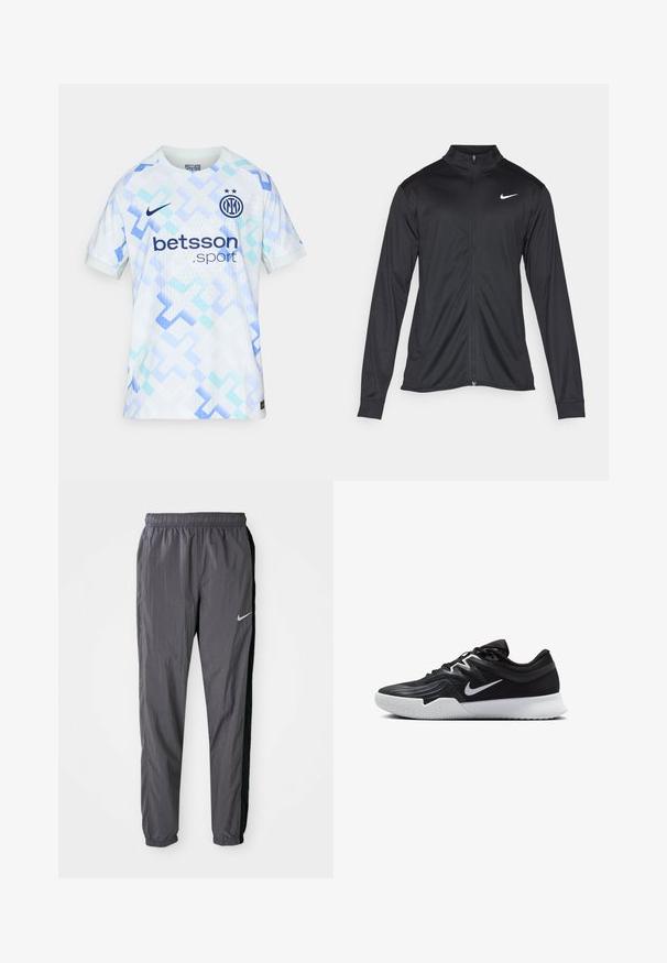 Veste de sport noire à manches longues, avec col et fermeture éclair intégrale. Présente un logo Nike subtil en blanc sur le côté supérieur gauche de la poitrine. Texture lisse.; Maillot de football bleu clair et blanc avec des motifs géométriques, logo Nike, et "betsson.sport" imprimé sur le devant. Design à manches courtes.; Pantalons de survêtement Nike, fabriqués en tissu léger, de couleur gris foncé avec des panneaux latéraux noirs. Présente une taille élastique et un logo réfléchissant.; Chaussure de sport noire avec une tige texturée, un swoosh blanc de Nike et une semelle extérieure en caoutchouc blanc. Elle présente un design à lacets et une forme dynamique.