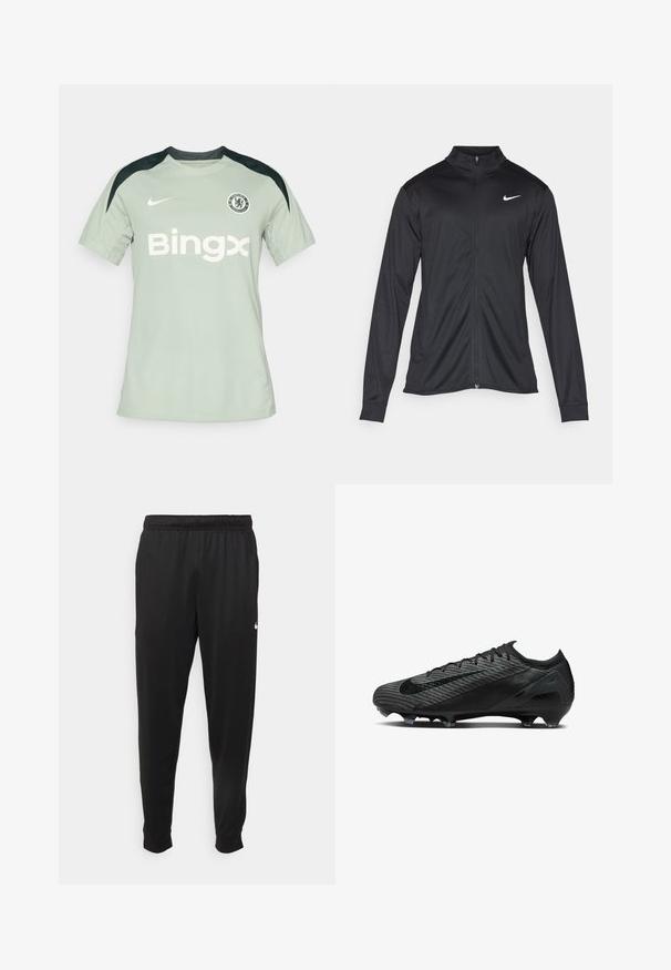 Giacca sportiva nera con maniche lunghe, colletto e zip completa. Presenta un logo Nike in bianco sulla parte superiore del lato sinistro del petto. Tessuto morbido.; Maglia da calcio Nike verde chiaro con accenti neri, maniche corte, collo a giro, con logo "Bingx" e badge del Chelsea FC sul petto.; Pantaloni sportivi neri realizzati in tessuto liscio, con una vita elastica, gambe affusolate e un piccolo logo bianco sul lato sinistro.; Scarpini da calcio neri con una parte superiore testurizzata, design in rete, forma aerodinamica e sei tacchetti angolari per una migliore trazione sulla suola.