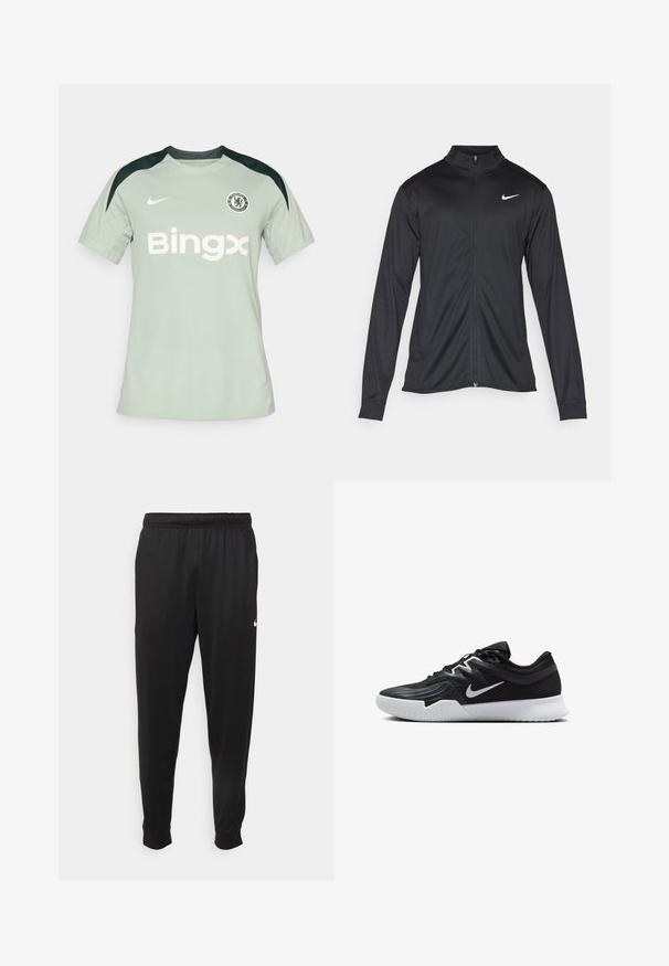 Musta urheilutakki pitkillä hihoilla, kauluksella ja kokonaisella vetoketjulla. Täydentää hienovarainen Nike-logo valkoisena vasemmassa ylärinnassa. Litteä pinta.; Vihreä Nike-jalkapallopaita mustilla yksityiskohdilla, lyhyet hihat, pyöreä kaula-aukko, jossa on "Bingx"-logo ja Chelsea FC -merkki rinnassa.; Mustat urheiluhousut, jotka on valmistettu sileästä kankaasta. Niissä on joustava vyötärö, kapenevat lahkeet ja pieni valkoinen logo vasemmalla puolella.; Musta urheilukenkä, jossa on teksturoitu päällinen, valkoinen Nike-tikkaus ja valkoinen kumipohja. Kenkässä on nauhakuji ja dynaaminen muoto.