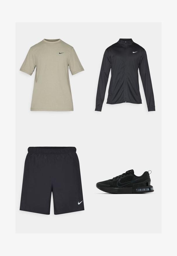 Fekete sportdzseki hosszú ujjal, gallérral és teljes cipzárral. Diszkrét fehér Nike logóval az upper bal mellen. Sima textúra.; Zöld, rövid ujjú póló, puha anyagból készült, kerek nyakkal és egy kis fekete Nike logóval a bal mellen. Egyszerű dizájn.; Fekete sportnadrág könnyű anyagból, rugalmas derékkal. A bal alsó oldalon egy kis fehér Nike-logó található.; Fekete Nike sportcipő, hálós felsőrésszel, gumitalppal, párnázott nyakkal és jellegzetes átlátszó sarokbetéttel.