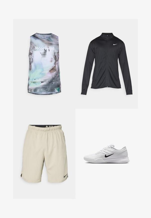 Giacca sportiva nera con maniche lunghe, colletto e zip completa. Presenta un logo Nike in bianco sulla parte superiore del lato sinistro del petto. Tessuto morbido.; Canottiera sportiva senza maniche con una stampa testurizzata in tonalità pastello di blu, grigio e verde, con un logo bianco ben in evidenza.; Shorts sportivi beige realizzati in tessuto leggero, con vita elastica, fessure laterali e un piccolo logo Nike nero sul lato sinistro inferiore.; Scarpa da ginnastica bianca con tomaia in mesh testurizzato, logo Nike nero, collo imbottito e suola in gomma con un motivo di battistrada.