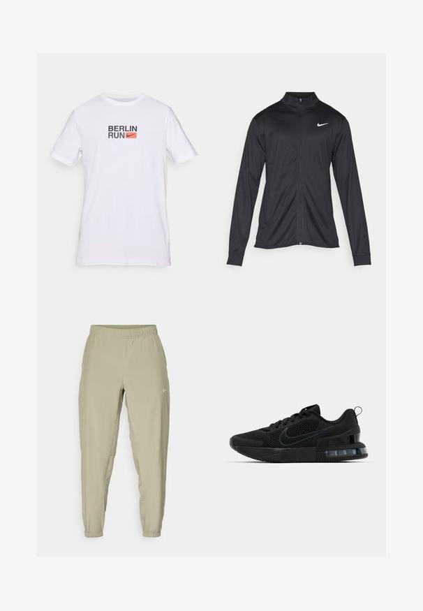 Μαύρο αθλητικό μπουφάν με μακριά μανίκια, γιακά και πλήρη φερμουάρ. Διαθέτει ένα διακριτικό λευκό λογότυπο της Nike στη πάνω αριστερή πλευρά του στήθους. Λείος υφασμάτινος χαρακτήρας.; Λευκό κοντομάνικο T-shirt με το κείμενο "BERLIN RUN" και ένα πορτοκαλί λογότυπο της Nike στη θηλή, το οποίο προβάλλεται σε απλό φόντο.; Ανοιχτό μπεζ παντελόνι jogger με ελαστική μέση, μανσέτες στους αστραγάλους και πλαϊνές τσέπες. Διαθέτει μικρό λευκό λογότυπο μπροστά.; Μαύρα αθλητικά παπούτσια Nike με πάνω μέρος από διχτυωτό υλικό, υφή στη σόλα και εμφανή μονάδα αέρα στη φτέρνα. Διακοσμητικά και λογότυπο σε πιο σκούρο μαύρο χρώμα.
