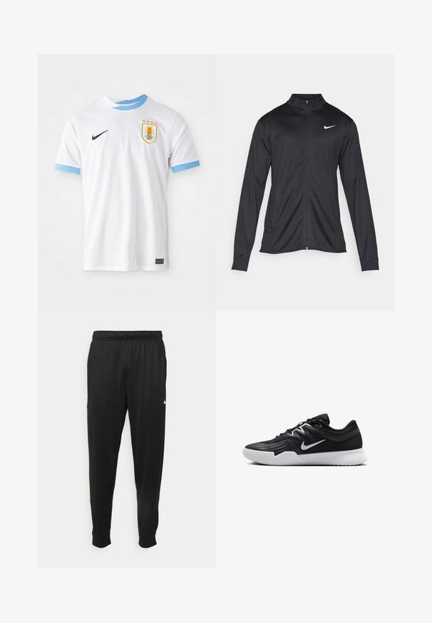 Veste de sport noire à manches longues, avec col et fermeture éclair intégrale. Présente un logo Nike subtil en blanc sur le côté supérieur gauche de la poitrine. Texture lisse.; Maillot de football Nike blanc avec des accents bleu clair sur le col et les manches. Présente un badge avec un blason et trois étoiles au-dessus.; Pantalon de sport noir en tissu lisse, avec une taille élastique, des jambes fuselées et un petit logo blanc sur le côté gauche.; Chaussure de sport noire avec une tige texturée, un swoosh blanc de Nike et une semelle extérieure en caoutchouc blanc. Elle présente un design à lacets et une forme dynamique.