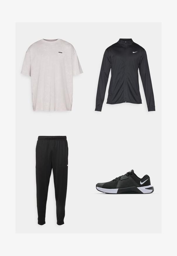 Svart idrottsjacka med långa ärmar, krage och full dragkedja. Har en diskret Nike-logga i vitt på övre vänstra bröstet. Slät yta.; Ljusgrå, oversized crew-neck t-shirt tillverkad av mjukt tyg, med subtil textur och en liten svart etikett på vänster bröst.; Svarta träningsbyxor i slät tyg, med elastisk midja, avsmalnande ben och en liten vit logotyp på vänster sida.; Nike Performance METCON 10 - Träningsskor - black/white/anthracite