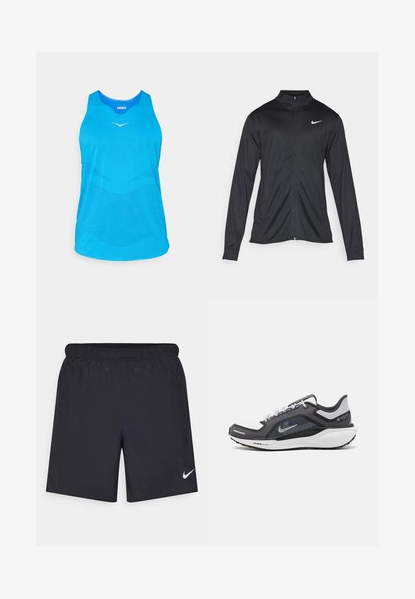 Melna sporta jaka ar garām piedurknēm, apkakli un pilnu rāvējslēdzēju. Uz kreisā krūts augšdaļas ir maigs Nike logo baltā krāsā. Gluda tekstūra.; Zils sporta bezmaku topiņš, izgatavots no elpojoša sieta auduma, ar apļa kakla izgriezumu, bez piedurknēm un ar smalku baltu logo priekšpusē.; Melnas sporta šorti, izgatavoti no viegla materiāla, ar elastīgu jostu. Uz apakšējā kreisā stūra ir neliels balts Nike logo.; Melnas un pelēkas sporta kurpes ar tīklu augšdaļu, atstarojošiem akcentiem un baltu starpzoli. Aprīkotas ar teksturētu gumijas zoli un šņorēm.