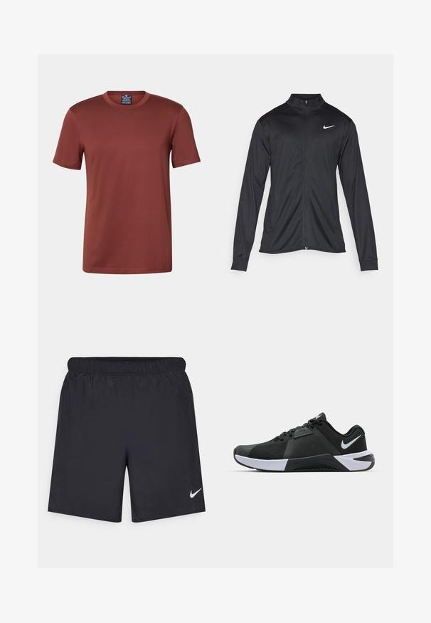 Čierna športová bunda s dlhými rukávmi, golierom a plným zipsom. Obsahuje nenápadné logo Nike v bielej farbe na hornej ľavej hrudi. Hladká textúra.; Champion TECH CREWNECK QUICK DRY - Športové tričko - dark brown; Čierne atletické šortky z ľahkého materiálu s elastickým pásom. Na dolnej ľavej strane majú malé biele logo Nike.; Nike Performance METCON 10 - Tréningová obuv - black/white/anthracite