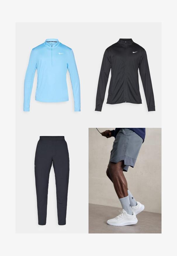 Schwarze Sportjacke mit langen Ärmeln, Kragen und voller Reißverschluss. Verfügt über ein dezentes Nike-Logo in Weiß auf der oberen linken Brust. Glatte Textur.; Helles blaues, langärmliges Sportoberteil mit einem Reißverschlusskragen, gefertigt aus glattem Stoff und mit dem weißen Nike-Logo auf der linken Brust.; Schwarze Sporthose mit glatter Textur, schlankem Schnitt, elastischem Bund und seitlichen Taschen. Mit einem kleinen Logo auf dem linken Oberschenkel.; Weiße Sportschuhe mit strukturiertem Mesh-Obermaterial, kombiniert mit hellblauen gerippten Socken mit einem Logo. Graue Sportshorts mit perforiertem Saum.