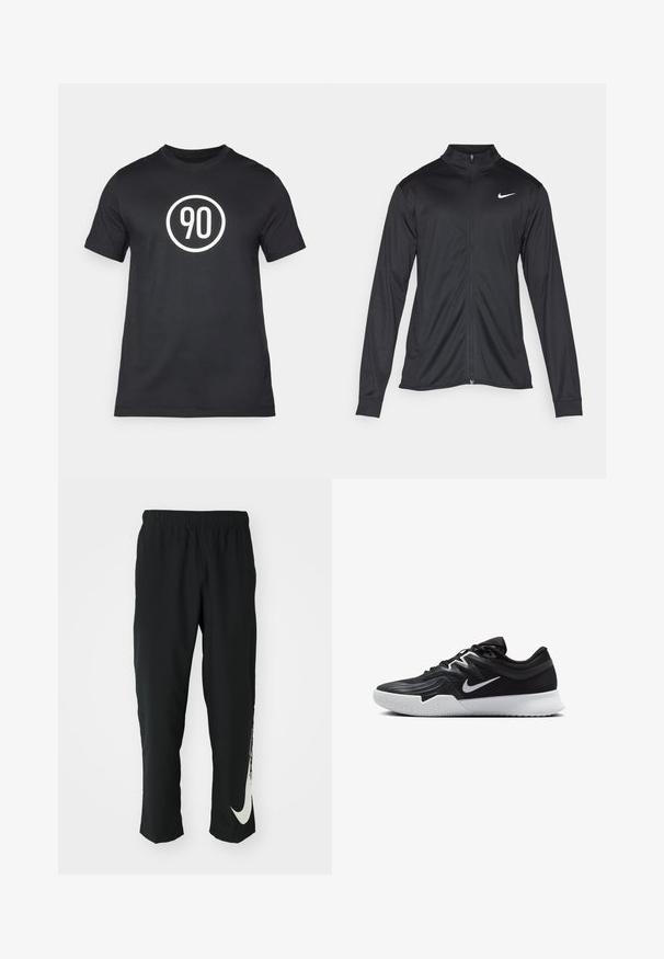 Sort atletisk jakke med lange ærmer, krave og fuld lynlås. Har et diskret Nike-logo i hvidt på den øverste venstre side af brystet. Glat tekstur.; Sort bomulds T-shirt med et hvidt cirkulært grafisk design med nummeret "90" i midten. Klassisk crew neck design, korte ærmer.; Sorte træningsbukser med elastisk talje, der taper ind, og har et stort hvidt Nike-logo på venstre ben. Blødt, letvægtsstof.; Sort atletiksko med en tekstureret overdel, hvid Nike swoosh og en hvid gummisål. Har en snørret design og dynamisk form.