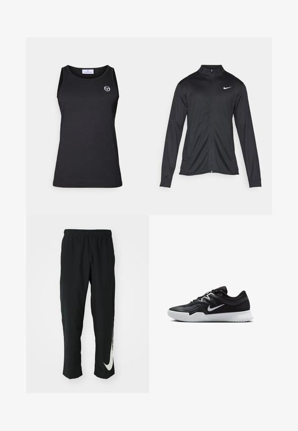 Svart idrettsjakke med lange ermer, krage og full glidelås. Har en subtil Nike-logo i hvitt på øvre venstre bryst. Glatt tekstur.; Svart tanktopp i myk, stretchy katoen. Har rund hals og en liten hvit logo på venstre bryst. Renslig, enkel design.; Svarte treningbukser med elastisk midje, smalere design, med en stor hvit Nike-logo på venstre bein. Myk, lett stoff.; Svart treningssko med teksturert overdel, hvit Nike-swoosh og hvit gummisåle. Har snøring og en dynamisk form.