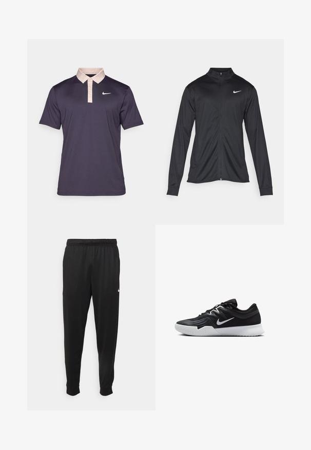 Svart idrottsjacka med långa ärmar, krage och full dragkedja. Har en diskret Nike-logga i vitt på övre vänstra bröstet. Slät yta.; Lila polo t-shirt med en ljus beige krage och treknapplåsning; har en vit Nike-logotyp på vänster bröst.; Svarta träningsbyxor i slät tyg, med elastisk midja, avsmalnande ben och en liten vit logotyp på vänster sida.; Svarta träningsskor med en texturerad ovandel, vit Nike-logga och en vit gummisula. Har snörningsdesign och en dynamisk form.