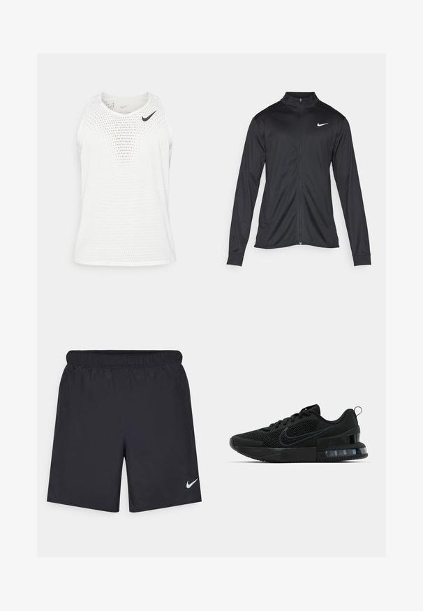 Must värvi sportlik jakk pikkade varrukatega, krae ja täispikk tõmblukk. Ülemises vasakus rinnas on diskreetne valge Nike logo. Sile tekstuur.; Valge ilma varrukateta sportlik särk, mis on valmistatud hingavast võrgukangast, ümarate kaelustega ja väikese musta Nike logo vasakul rinnal.; Mustad mustikud lühikesed püksid, mis on valmistatud kergest materjalist ja millel on elastne vöökoht. Alumisel vasakul küljel on väike valge Nike logo.; Must must Ameerika must must must must must must must