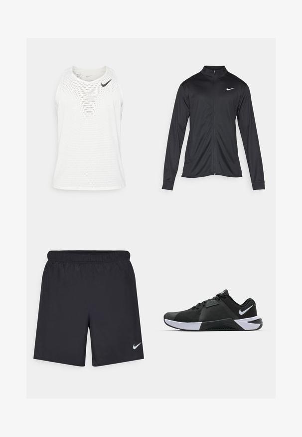 Giacca sportiva nera con maniche lunghe, colletto e zip completa. Presenta un logo Nike in bianco sulla parte superiore del lato sinistro del petto. Tessuto morbido.; Maglietta atletica bianca senza maniche realizzata in tessuto a rete traspirante, con scollatura rotonda e piccolo logo Nike nero sul lato sinistro del petto.; Shorts sportivi neri realizzati in materiale leggero con vita elastica. Presentano un piccolo logo Nike bianco sul lato sinistro in basso.; Nike Performance METCON 10 - Scarpe da allenamento - black/white/anthracite