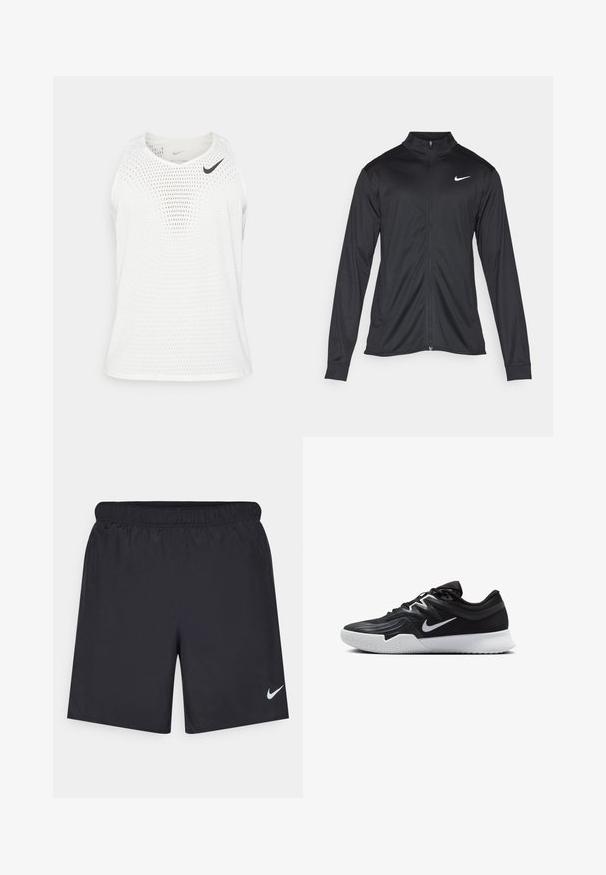 Melna sporta jaka ar garām piedurknēm, apkakli un pilnu rāvējslēdzēju. Uz kreisā krūts augšdaļas ir maigs Nike logo baltā krāsā. Gluda tekstūra.; Balts bezpiedurkņu sporta krekls, kas izgatavots no elpojoša sieta auduma, ar apaļu kakla izgriezumu un mazu melnu Nike logotipu uz kreisā krūšu rajona.; Melnas sporta šorti, izgatavoti no viegla materiāla, ar elastīgu jostu. Uz apakšējā kreisā stūra ir neliels balts Nike logo.; Melni sporta apavi ar teksturētu virsu, balto Nike zulumu un balto gumijas zoli. Iezīmējas ar auklu pievilkšanas dizainu un dinamisku formu.
