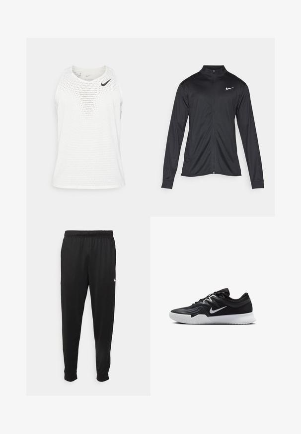 Jachetă sportivă neagră cu mâneci lungi, guler și fermoar complet. Prezintă un logo Nike subtil, alb, pe pieptul din stânga sus. Textură netedă.; Cămașă sport albă fără mâneci, realizată dintr-un material de plasă respirabil, având un guler rotund și un mic logo Nike negru pe partea stângă a pieptului.; Pantaloni sportivi negri dintr-o țesătură netedă, cu un elastic la brâu, picioare conice și un mic logo alb pe partea stângă.; Pantof sport negru cu un superior texturat, swoosh alb Nike și o tălpică din cauciuc alb. Dispune de un design cu șireturi și o formă dinamică.
