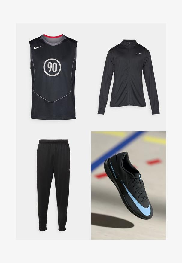 Black athletic jacket with long sleeves, collar, and full zipper. Features a subtle Nike logo in white on the upper left chest. Smooth texture.; Black sleeveless athletic jersey made of mesh, featuring a circular white "90" graphic in the center and gray accents along the edges.; Black athletic pants made of smooth fabric, featuring an elastic waistband, tapered legs, and a small white logo on the left side.; Black athletic shoe with blue accents, textured surface, lace-up design, and distinctive Nike logo. Rubber sole with grip patterns.
