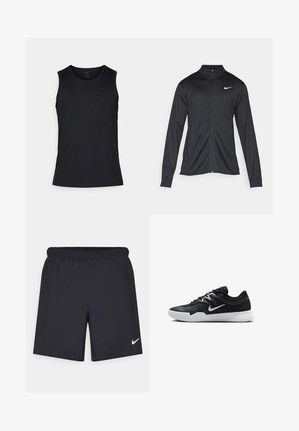 Czarna sportowa kurtka z długimi rękawami, kołnierzem i pełnym zamkiem. Posiada subtelne logo Nike w białym kolorze na lewej górnej części klatki piersiowej. Gładka tekstura.; Czarny sportowy top na ramiączkach wykonany z gładkiego materiału. Posiada okrągły dekolt oraz bezrękawnikowy fason, z małym logo Nike na piersi.; Czarne spodenki sportowe wykonane z lekkiego materiału, z elastycznym pasem. Posiadają małe białe logo Nike na dolnej lewej stronie.; Czarne buty sportowe z teksturowaną cholewką, białym logo Nike i białą gumową podeszwą. Charakteryzują się sznurowanym zapięciem i dynamicznym kształtem.