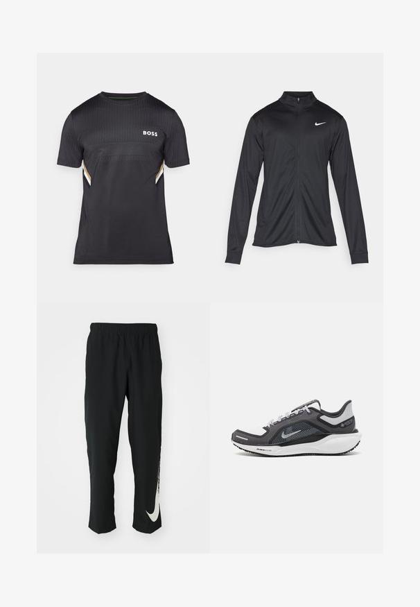 Svart idrettsjakke med lange ermer, krage og full glidelås. Har en subtil Nike-logo i hvitt på øvre venstre bryst. Glatt tekstur.; Svart kortermet T-skjorte med teksturert design, som har et panel med små prikker, hvit "BOSS" logo, samt gull- og hvite detaljer på sidene.; Svarte treningbukser med elastisk midje, smalere design, med en stor hvit Nike-logo på venstre bein. Myk, lett stoff.; Svart og grå atletisk sko med mesh-overdel, refleksdetaljer og hvit mellomsåle. Har strukturert gummisåle og lisser.
