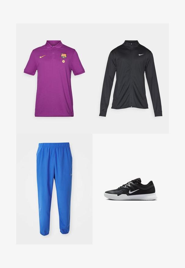 Veste de sport noire à manches longues, avec col et fermeture éclair intégrale. Présente un logo Nike subtil en blanc sur le côté supérieur gauche de la poitrine. Texture lisse.; Polo shirt violet en coton avec un col, arborant un logo Nike jaune, le blason du FC Barcelone et l'emblème de Spotify sur la poitrine.; Pantalon de sport bleu avec taille élastique, design à jambe droite et poignets resserrés. Présente le logo Nike en or sur le côté gauche.; Chaussure de sport noire avec une tige texturée, un swoosh blanc de Nike et une semelle extérieure en caoutchouc blanc. Elle présente un design à lacets et une forme dynamique.