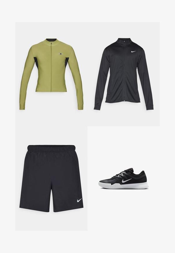 Must värvi sportlik jakk pikkade varrukatega, krae ja täispikk tõmblukk. Ülemises vasakus rinnas on diskreetne valge Nike logo. Sile tekstuur.; Pikend varrukatega lukuga jakk oliivrohelises ja mustas, kõrge krae ja rinna peal logoga, valmistatud siledast, venivast kangast.; Mustad mustikud lühikesed püksid, mis on valmistatud kergest materjalist ja millel on elastne vöökoht. Alumisel vasakul küljel on väike valge Nike logo.; Must mustad jalanikesad rikaste ülaservaga, valge Nike swoosh'i ja valge kummist välispõhjaga. Omab paeltega sulgemisdetaili ja dünaamilist kuju.