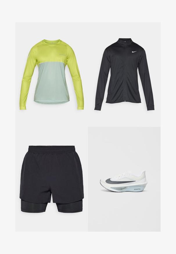 Musta urheilutakki pitkillä hihoilla, kauluksella ja kokonaisella vetoketjulla. Täydentää hienovarainen Nike-logo valkoisena vasemmassa ylärinnassa. Litteä pinta.; Pitkähihaisessa suorituspaitassa on kirkas limevihreä ja hillitty mintunvihreä sävy, pyöreä pääntie ja kevyt, hengittävä materiaali.; Musta urheilushortsit, joissa on joustava vyötärö, kerroksellinen muotoilu ja istuva sisävuori. Sujuva pinta, suunniteltu mukavuutta varten.; Valkoiset urheilukengät, joissa on harmaa verkko-osa, sininen ZoomX-vaahtomidepohja ja kaareva ulkopohja parantamaan liikkuvuutta ja mukavuutta.